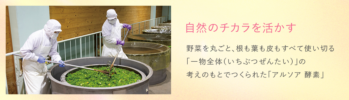 自然のチカラを活かす　野菜をまるごと、根も葉も皮もすべて使い切る「一物全体（いちぶつぜんたい）」の考えのもとでつくられた「アルソア 酵素」